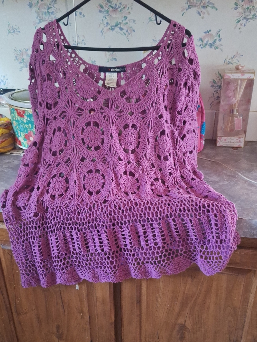 Denim&Co Purple Crochet Tunic Top.